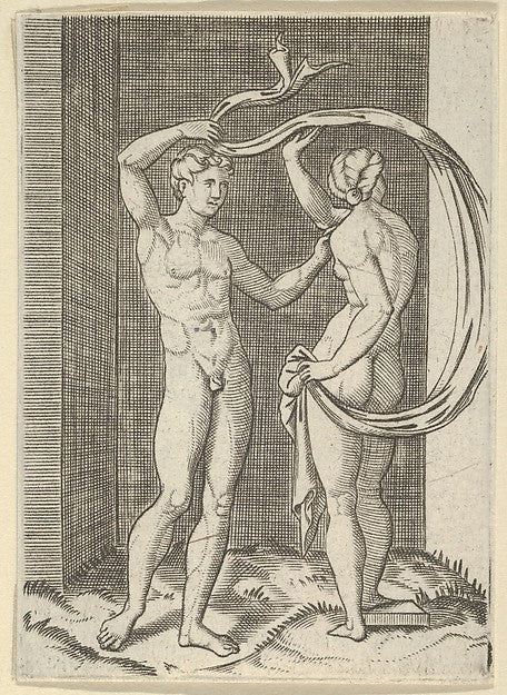 Naked woman viewed from behind holding fabric which billows be,  Poster Print