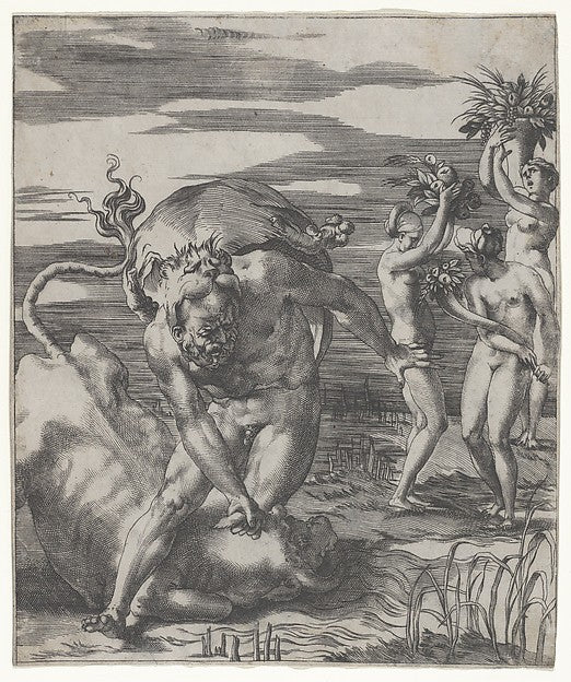 Hercules defeating the river god Acheolus in the form of a bul,  Poster Print Wall Art