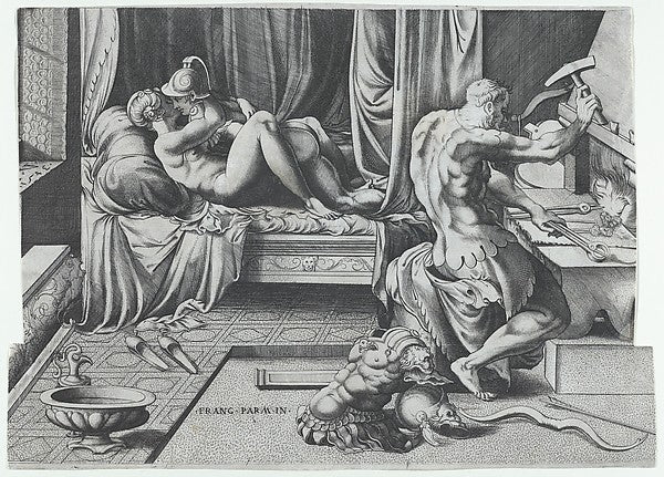 Venus and Mars Embracing as Vulcan Works at His Forge 1543-Ene,  Poster Print Wall Art