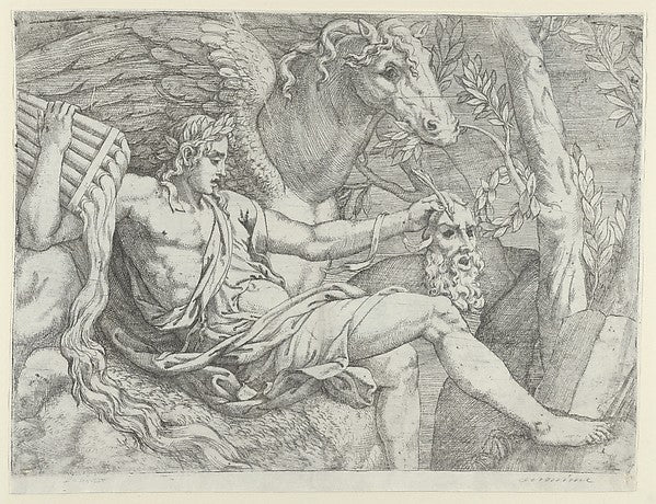 Apollo holding pipes in his right hand accompanied by Pegasus, Poster Print