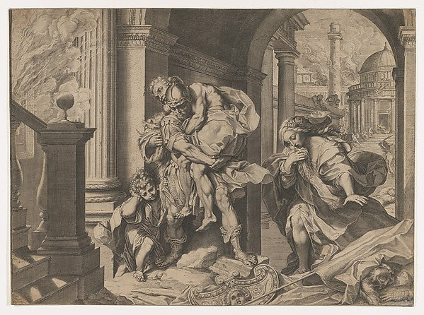 Aeneas and his family fleeing Troy 1595-Agostino Carracci, Aft,  Poster Print Wall Art