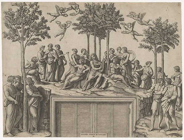 Apollo sitting on Parnassus surrounded by the muses and famous,  Poster Print Wall Art