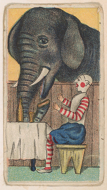 :Elephant interrupts clown's dinner from the Circus Caramels-16x12"(A3) Poster