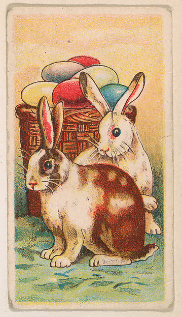 :Two rabbits seated by basket of easter eggs from the Easter-16x12"(A3) Poster