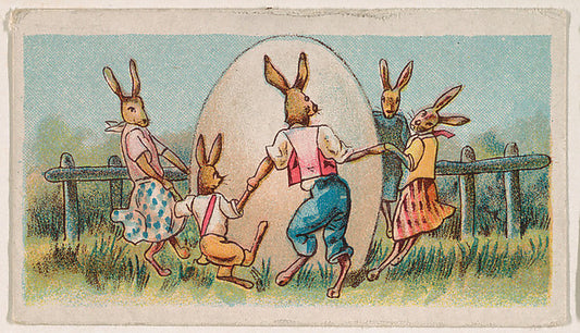 :Family of rabbits dancing around a large Easter egg from th-16x12"(A3) Poster