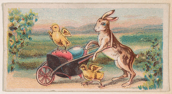 :Rabbit pushing wheelbarrow of Easter eggs and chicks from t-16x12"(A3) Poster