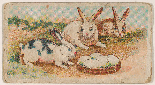 :Three rabbits examine Easter eggs from the Easter Subjects -16x12"(A3) Poster