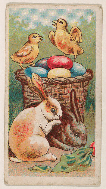 :Two rabbits and two chicks pose by an Easter basket filled -16x12"(A3) Poster
