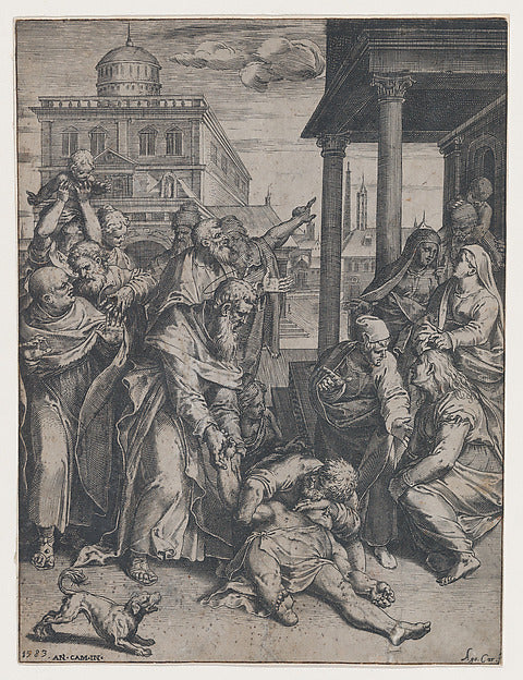 Saint Paul raising Patroclus who is on the ground  surrounded,  Poster Print Wall Art