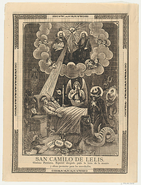 Anonymous:Broadsheet with Saint Camilo de Lelis in bed surro-16x12"(A3) Poster