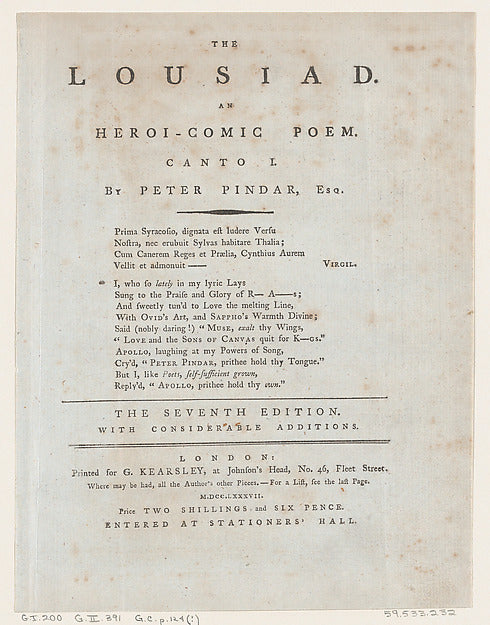 Thomas Rowlandson:The Lousiad Title Page 1787-16x12"(A3) Poster
