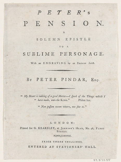 :Title page from Peter's Pension by Peter Pindar Esq. 1787-16x12"(A3) Poster