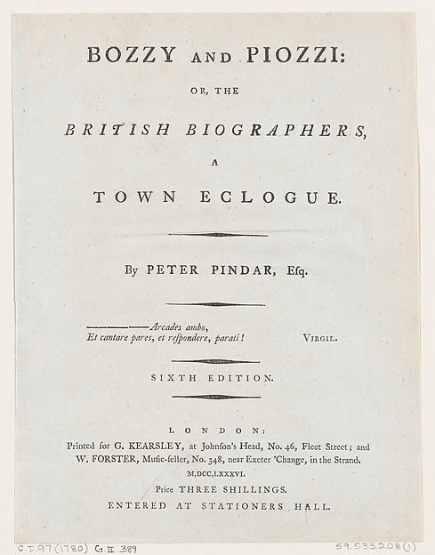 :Title Page from Bozzy and Piozzi by Peter Pindar Esq. 1787-16x12"(A3) Poster