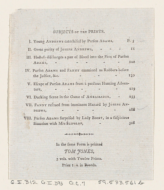 Thomas Rowlandson:Table of Contents from Henry Fielding's "A-16x12"(A3) Poster