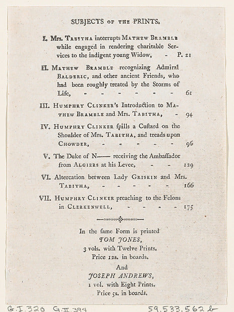 Thomas Rowlandson:List of Plates I-VII from Tobias Smollett'-16x12"(A3) Poster
