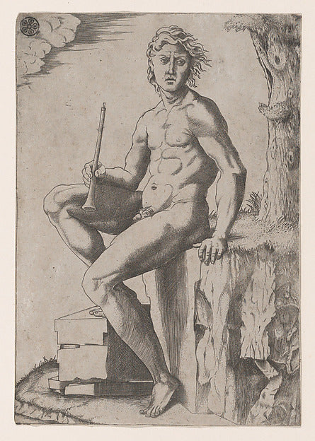 Seated Man Holding a Flute c1500–1550-School of Marcantonio Ra,  Poster Print