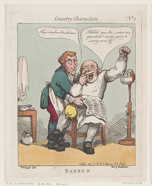 Thomas Rowlandson , After George Moutard Woodward:Barber Aug-16x12"(A3) Poster