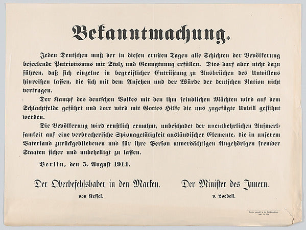 Anonymous:Bekanntmachung 1914-16x12"(A3) Poster