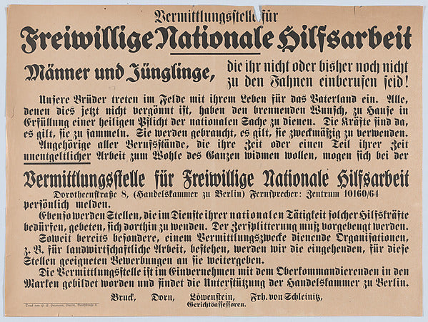 Anonymous:Vermittlungsstelle für Freiwillige c1914-16x12"(A3) Poster