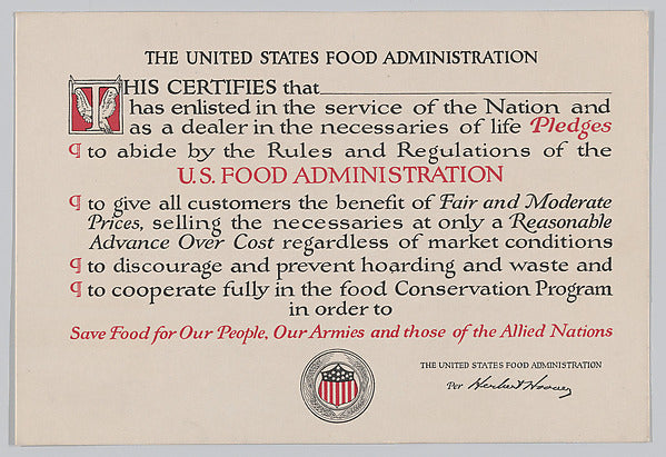 :The United States Food Administration certificate c1917-16x12"(A3) Poster