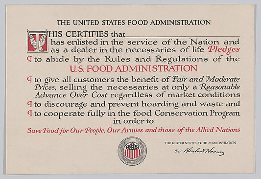 :The United States Food Administration certificate c1917-16x12"(A3) Poster