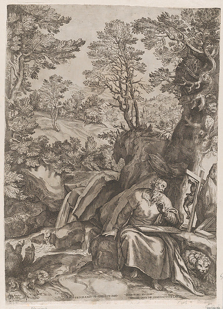 Cornelis Cort , After Girolamo Muziano:St Jerome Translating-16x12"(A3) Poster