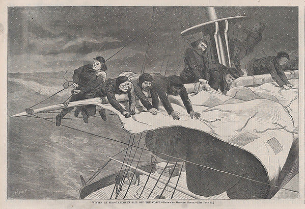Winter at Sea – Taking in Sail off the Coast – Drawn by Winslo,  Poster Print