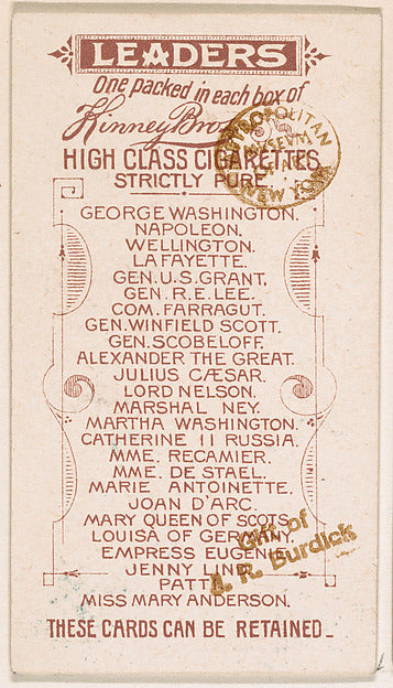 :Example of verso from Leaders series issued by Kinney -16x12"(A3) Poster