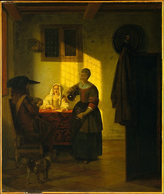 Pieter de Hooch:A Couple Playing Cards with a Serving Woman -16x12"(A3) Poster