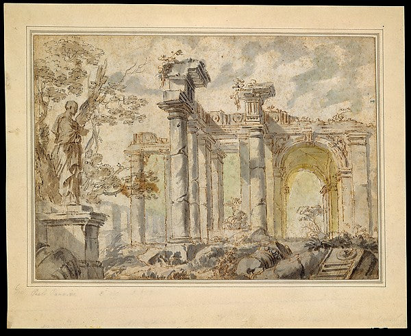 Giovanni Paolo Panini:Ruins with a Statue on the Left c1728-16x12"(A3) Poster