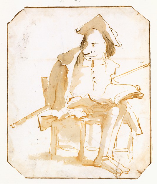 Giovanni Battista Tiepolo:Caricature of a Seated Man with a -16x12