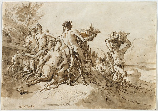 Giovanni Domenico Tiepolo:Satyrs Carrying Baskets of Provisi-16x12"(A3) Poster