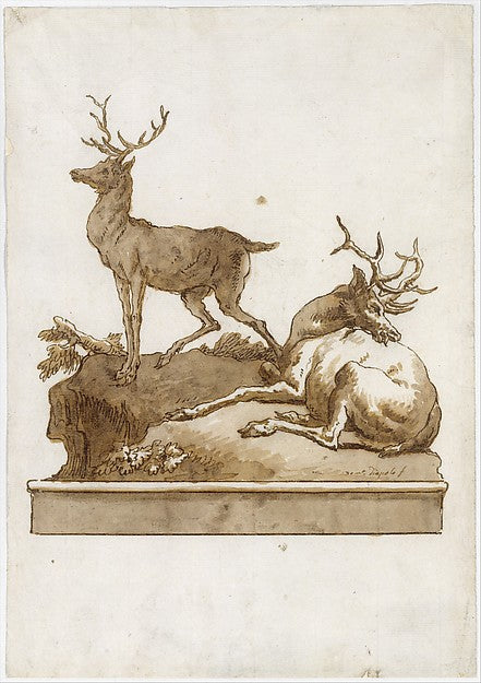 Giovanni Domenico Tiepolo:Two Stags One Standing and One Lyi-16x12"(A3) Poster