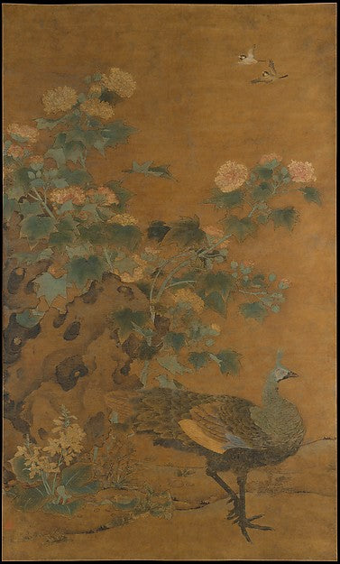 ,Peacock and Hollyhocks mid-14th cent-Bia,16x12"(A3) Poster