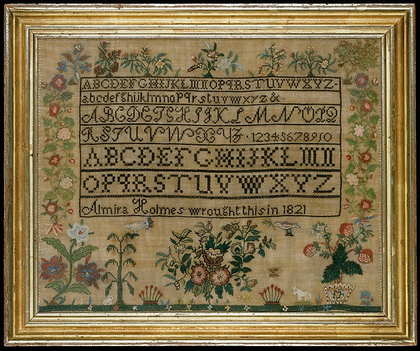Embroidered sampler 1821 Almira Holmes,16X12