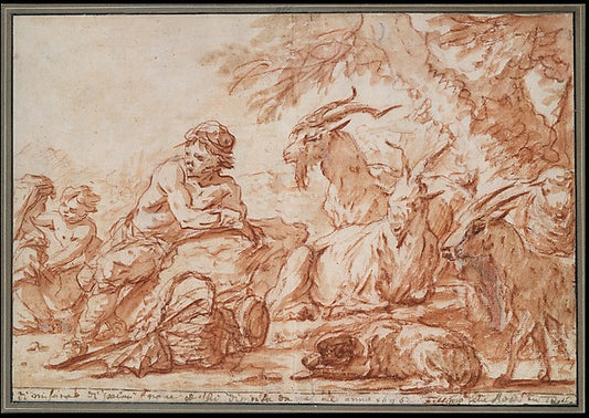 Pastoral Scene: A Herdsman and His Family  with Goats late 17t,16x12"(A3) Poster