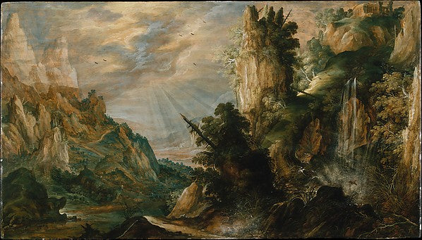 Kerstiaen de Keuninck:A Mountainous Landscape with a Waterfa-16x12"(A3) Poster