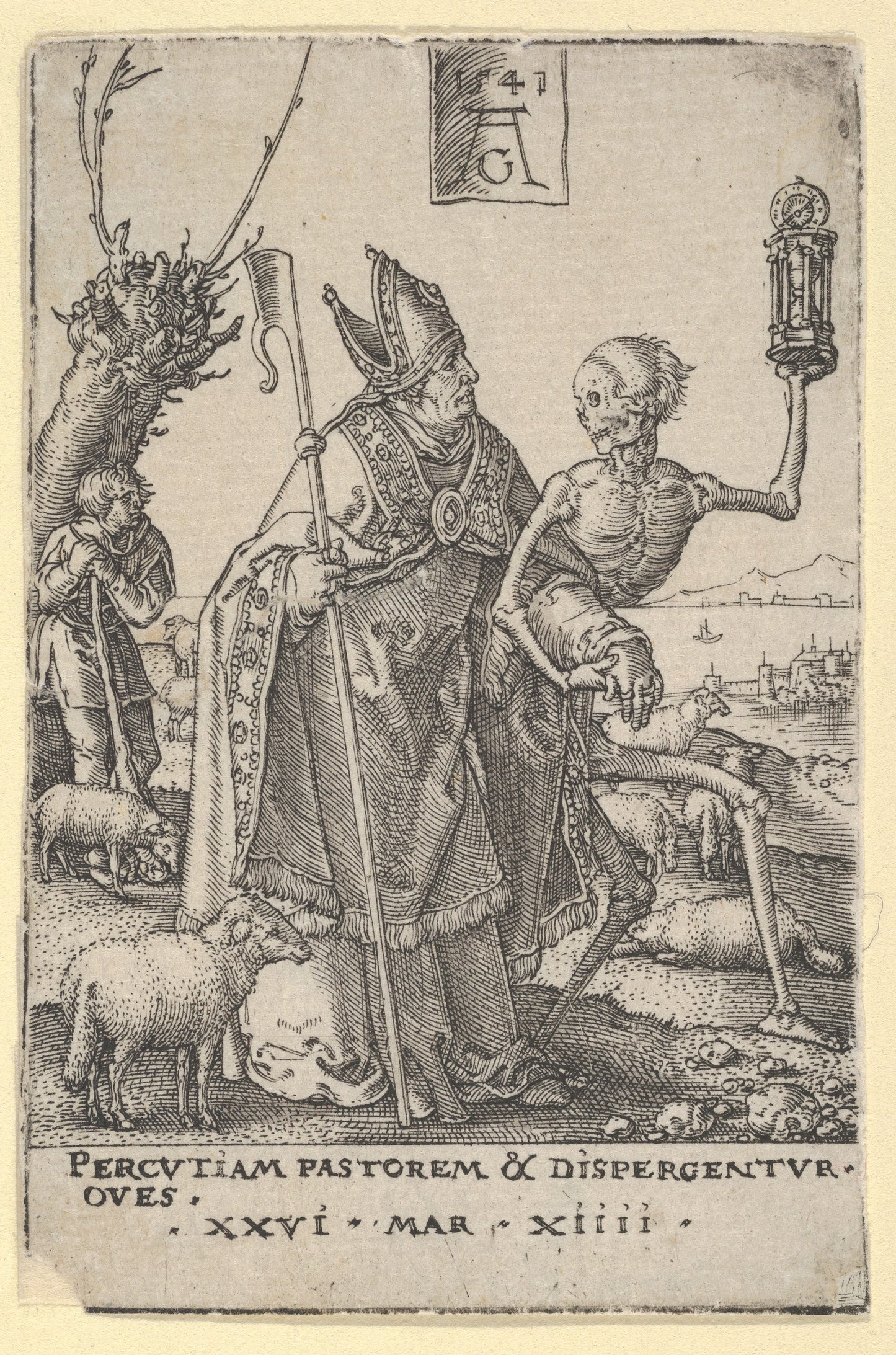 Heinrich Aldegrever , after Hans Holbein the Younger:Death and the Bishop, from The Power of Death (Allegory of Original Sin and Death),1541, 16x12"(A3) Poster