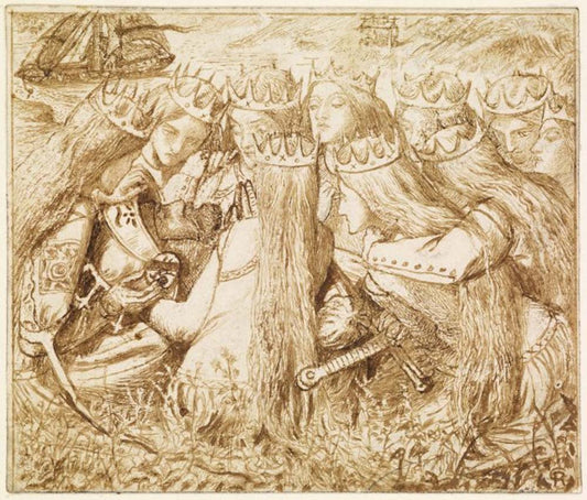 Moxon's Tennyson - King Arthur& Queens,1856-57 by Dante Gabriel Rossetti, English Pre-Raphaelite Painter