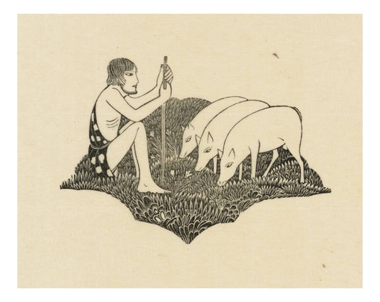 shepherd,pigs, vintage art by Eric Gill, 12x8"(A4) Poster Print