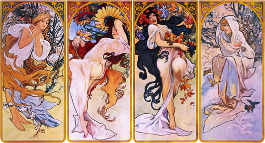 Four Seasons by Alfons Mucha, circa 1895 vintage artwork by Alphonse Mucha, 12x8" (A4 size) poster print