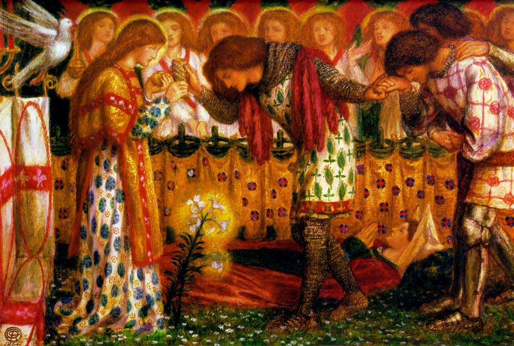 How Sir Galahad, Sir Bors and Sir Percival Were Fed with the Sanc Grael; But Sir Percival's Sister Died By the Way, 1864 by Dante Gabriel Rossetti, pre-Raphaelite artist, 16x12" (A3) Poster
