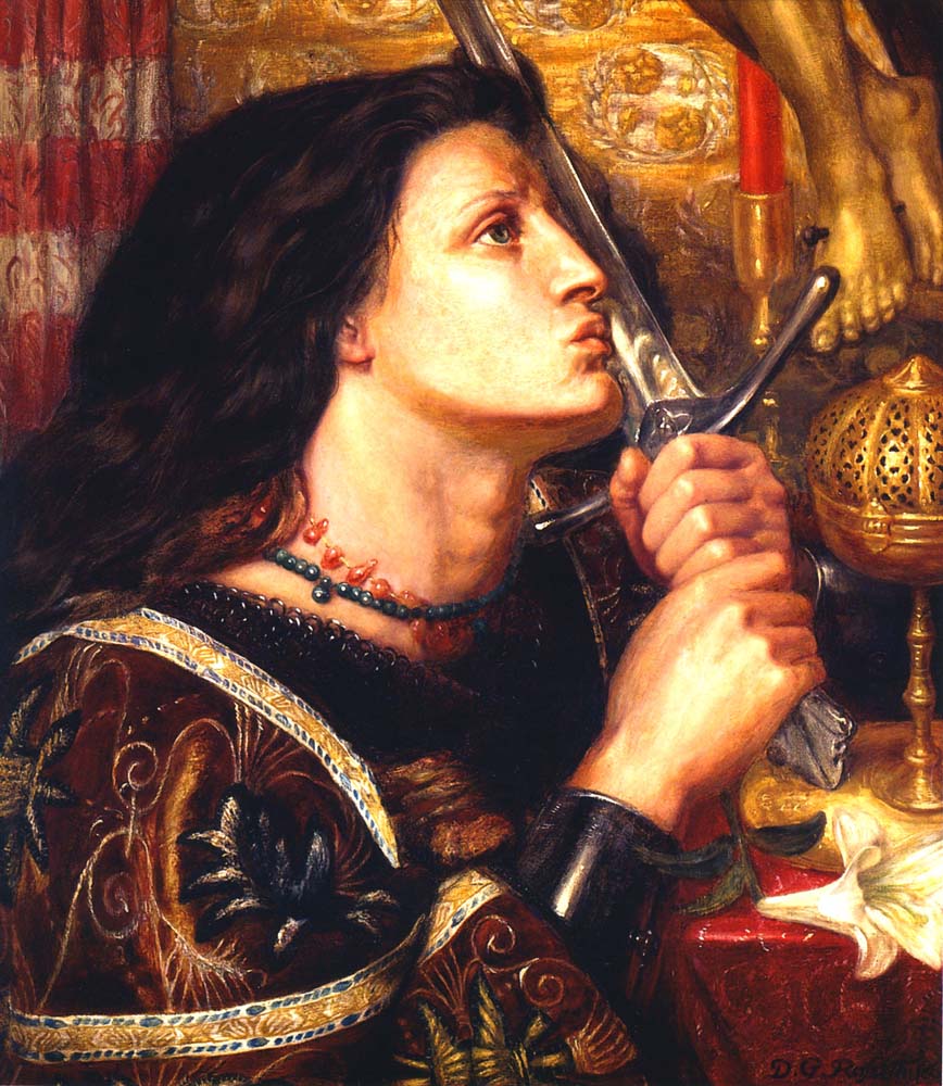Joan of Arc Kisses the Sword of Liberation, 1863 by Dante Gabriel Rossetti, pre-Raphaelite artist, 12x8" (A4) Poster