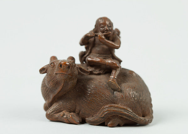 Netsuke of Man Playing Flute atop an Ox 19th cent,16x12"(A3) Poster