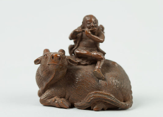 Netsuke of Man Playing Flute atop an Ox 19th cent,16x12"(A3) Poster