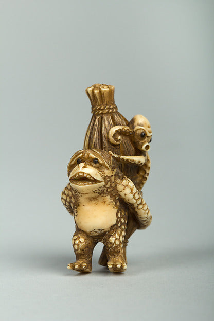Netsuke of Monkey Carrying an Octopus Bound in Bamboo on His B,  Poster Print