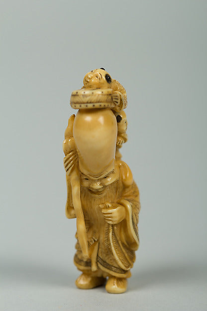 Netsuke of Fukurokujin with Tall Head and Two Children Climbin,  Poster Print