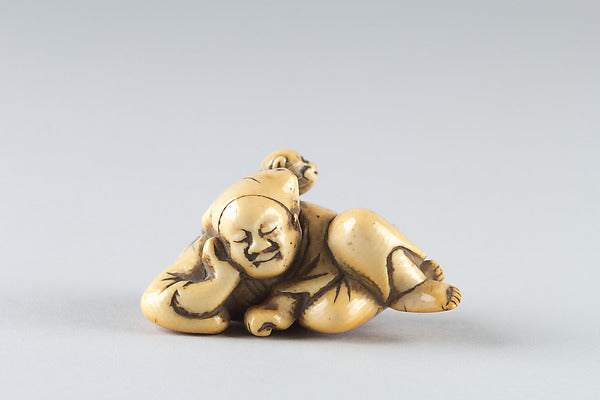 Netsuke of a Man Sleeping while Monkey Steals Contents of Bask,  Poster Print