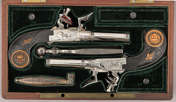 Cased Pair of Double-Barreled Turn-Off Flintlock Pistols c1800,  Poster Print Wall Art