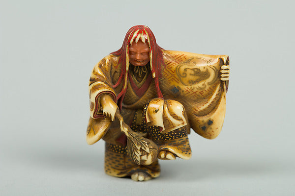 Netsuke of Noh Dancer with Long Red Hair and Peony 19th cent,  Poster Print